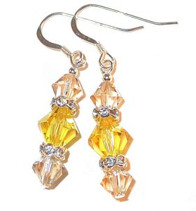 golden shadow & light topaz necklace 2-tone yellow sterling silver swarovski austrian crystals, prom wedding jewelry, clip-on pierced earrings