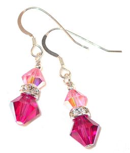 light rose pink & fuchsia fushsia fushia 2-tone pink sterling silver swarovski austrian crystals, prom wedding jewelry, clip-on pierced earrings