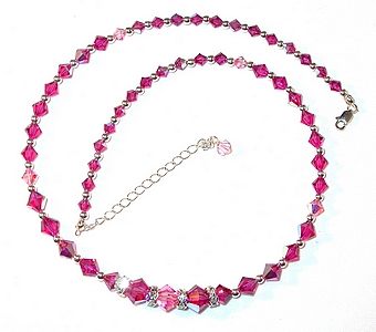 2-tone pink necklace fuchsia & light rose pink  swarovski crystal necklace strand wedding bridal bride jewelry sterling silver necklace