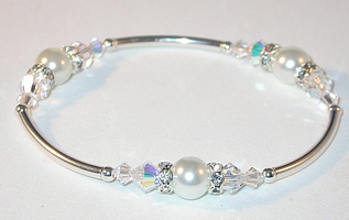 white pearl and crystal clear ab swarovski austrian crystals sterling silver bracelet