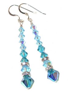 long dangle earrings long earrings swarovski 2-tone teal indicolite & aquamarine earrings teal earrings sterling silver swarovski crystal earrings, prom wedding jewelry, clip-on pierced earrings