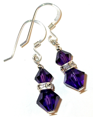 purple velvet sterling silver swarovski austrian crystals, prom wedding jewelry, clip-on pierced earrings