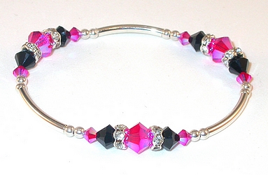 light siam red 2x bracelet hot pink and  black bracelet swarovski crystals sterling silver bracelet