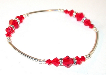 bright red light siam red clear rondelle swarovski  red crystals austrian crystals sterling silver bracelet stretch bracelet