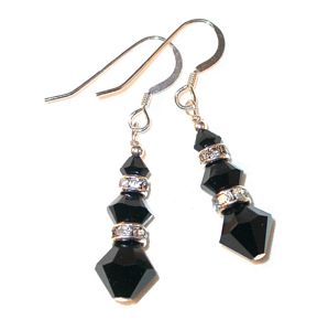 jet black crystal earrings jet black earrings sterling silver jet black swarovski austrian crystals, prom wedding jewelry, clip-on pierced earrings