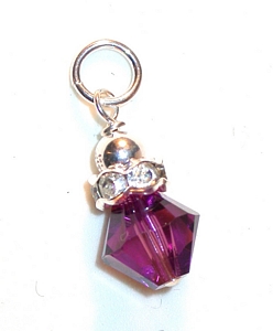 rondelle birthstone charm dangling swarovski amethyst crystal sterling silver charm, February birthstone charm for charm bracelet or necklace