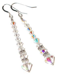 long earrings clear ab bridal wedding jewelry sterling silver swarovski austrian crystals, prom wedding jewelry, clip-on pierced earrings