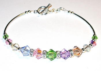 multi-colored pastel mix swarovski austrian crystals sterling silver toggle bracelet