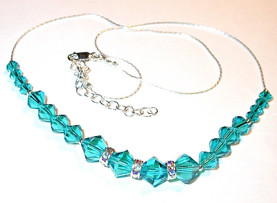 Blue zircon teal december birthstone aurora borealis swarovski crystal wedding jewelry sterling silver necklace