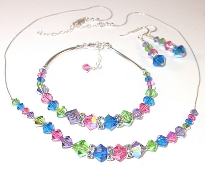 Peridot Green, Rose Pink, Capri Blue Tanzanite Purple  bubble-gum colors swarovski crystal wedding jewelry set sterling silver necklace bracelet earrings