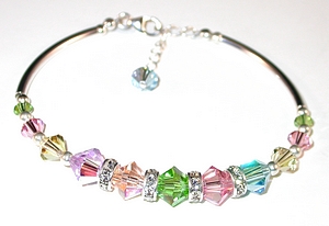 multi-colored pastel mix swarovski austrian crystals sterling silver toggle bracelet