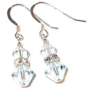 pale light azore blue sterling silver swarovski austrian crystals, prom wedding jewelry, clip-on pierced earrings