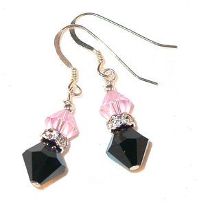 light pink & black & light pink earrings Jet Black & light rose pink earrings light rose pink & jet black earrings sterling silver swarovski crystals