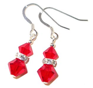 light siam red bright red sterling silver swarovski austrian crystals, prom wedding jewelry, clip-on pierced earrings