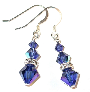 sterling silver swarovski austrian crystals, prom wedding jewelry, clip-on pierced dark blue dark sapphire earrings