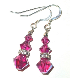 fushia fuchsia fucshia hot pink sterling silver swarovski austrian crystals, prom wedding jewelry, clip-on pierced earrings