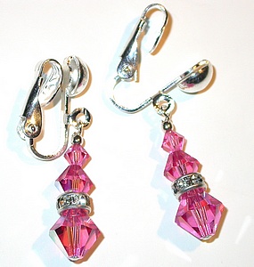 rose pink clip-on sterling silver swarovski austrian crystals, prom wedding jewelry, clip-on pierced earrings