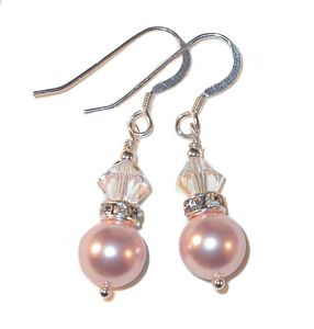 rosaline pink pearls clear ab bridal wedding jewelry sterling silver swarovski austrian crystals, prom wedding jewelry, clip-on pierced earrings