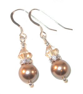 bronze pearls bridal wedding jewelry sterling silver swarovski austrian crystals, prom wedding jewelry, clip-on pierced earrings