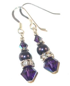 deep purple pearls deep purple velvet sterling silver swarovski austrian crystals, prom wedding jewelry, clip-on pierced earrings