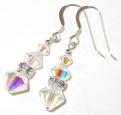 clear ab iridescent clear ab april birthstone sterling silver swarovski austrian crystals, prom wedding jewelry, clip-on pierced earrings